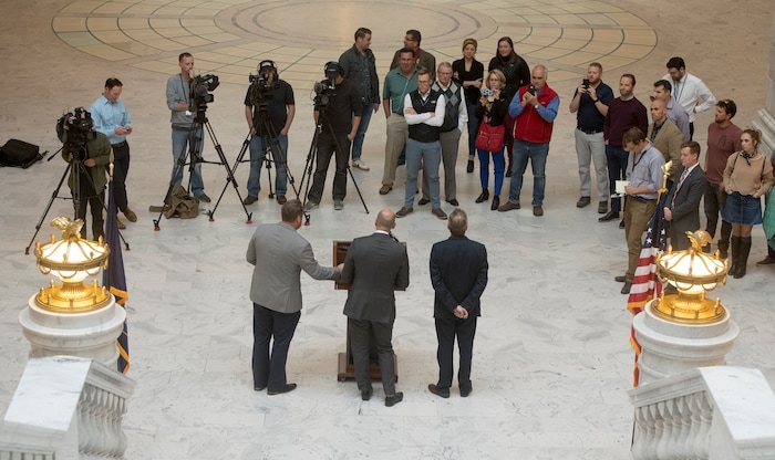 (Rick Egan  |  The Salt Lake Tribune)  Sen. Dan Hemmert talks about Mitt Romney running for Senate, at a media conference, at the Utah State Capitol, Monday, November 13, 2017.





