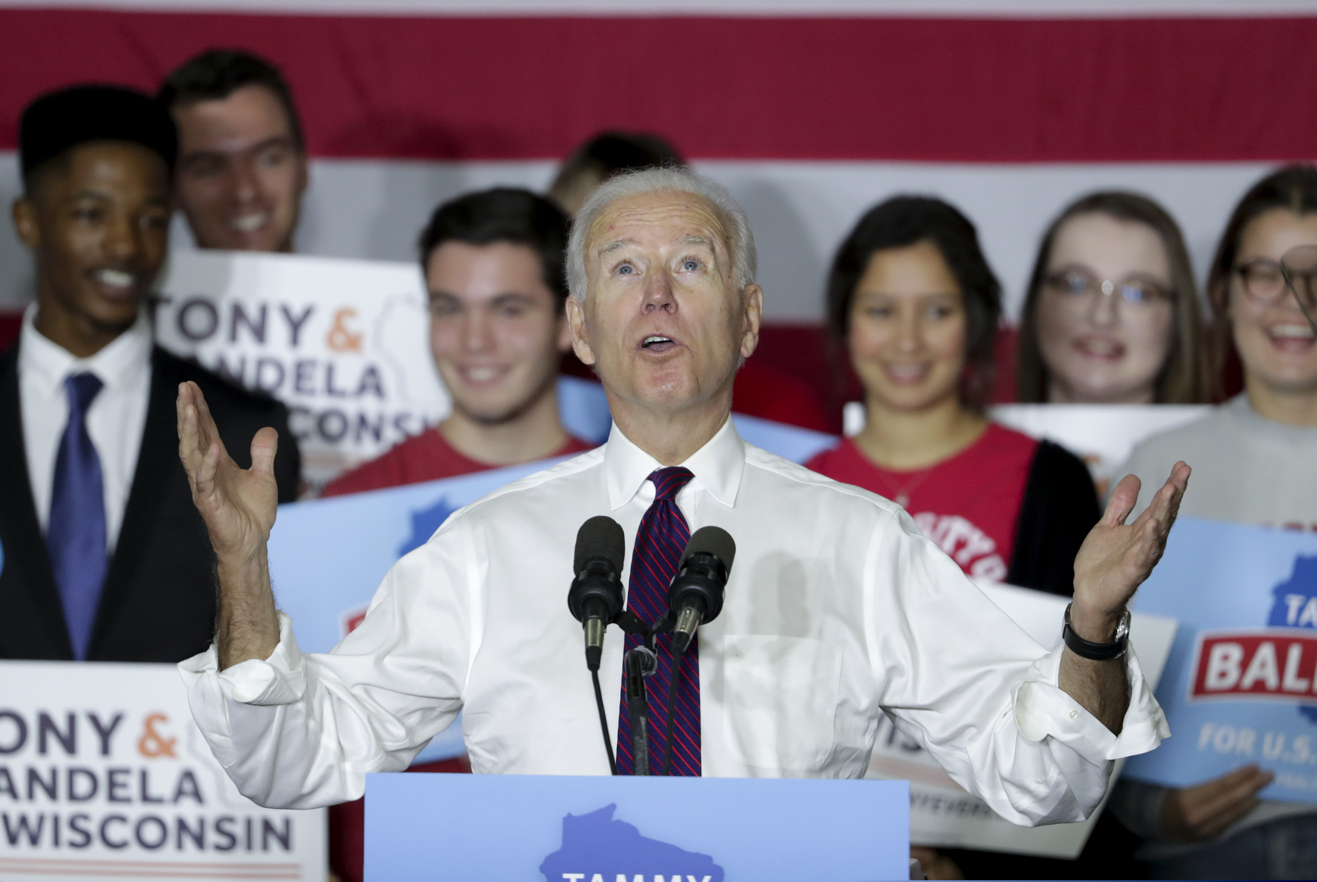 Former Democratic Vice President Joe Biden speaks during a rally with Wisconsin Democrats on the University of Wisconsin-Madison Campus, Tuesday Oct. 30, 2018, in Madison Wis. Biden called for more civility and dignity in politics during a rally, offering a sharp rebuke of President Donald Trump while telling the students they can "own" next week's election if they vote. (Steve Apps/Wisconsin State Journal via AP)