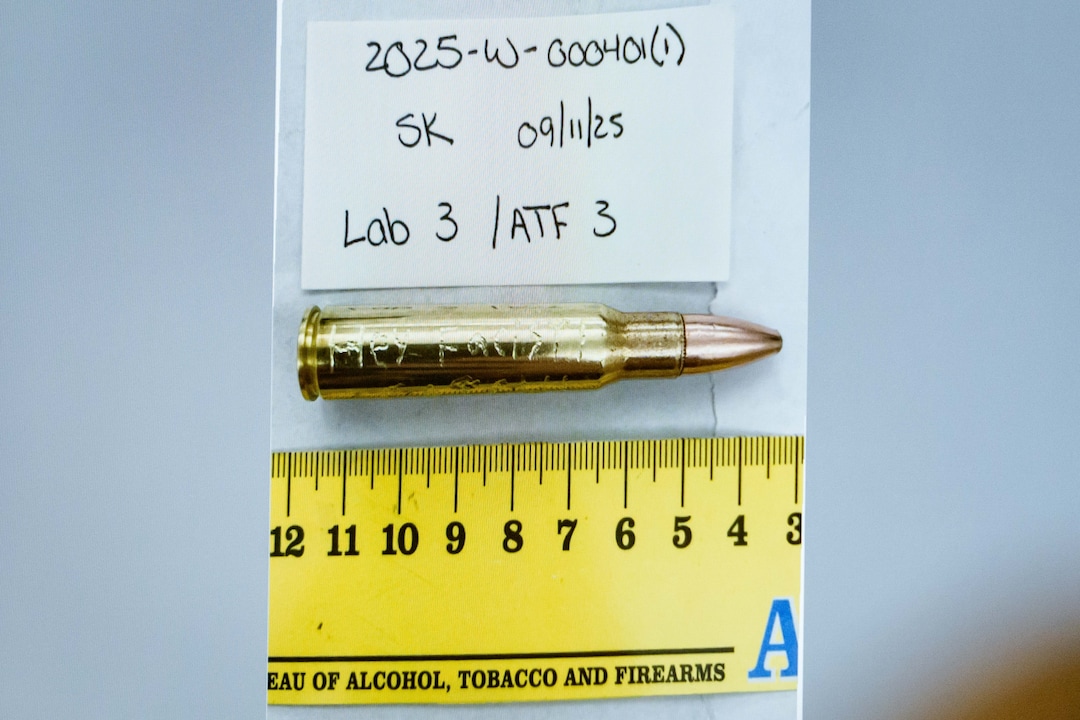 (Spenser Heaps | Pool) An image of a bullet casing engraved with the words “Hey Fascist!” is displayed during a preliminary hearing for Tyler Robinson, who is accused in the fatal shooting of Charlie Kirk, at the Fourth District Courthouse in Provo, Thursday, July 9, 2026.