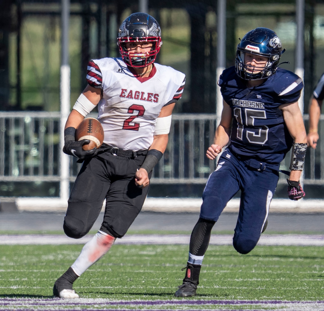 (Rick Egan | The Salt Lake Tribune) Layton Christian Academy running back  Jessaia Giatras-Moala runs for an 83-yard touchdown for the Eagles, in 1A Football Championship action between the Duchesne Eagles and the Layton Christian Academy Eagles, at the Elizabeth Dee Shaw Stewart Stadium in Ogden, on Saturday, Nov. 13, 2021.
