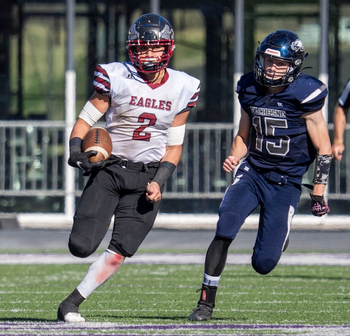 (Rick Egan | The Salt Lake Tribune) Layton Christian Academy running back  Jessaia Giatras-Moala runs for an 83-yard touchdown for the Eagles, in 1A Football Championship action between the Duchesne Eagles and the Layton Christian Academy Eagles, at the Elizabeth Dee Shaw Stewart Stadium in Ogden, on Saturday, Nov. 13, 2021.