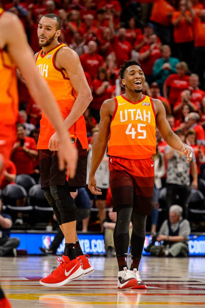(Trent Nelson | The Salt Lake Tribune)  
Utah Jazz host the Oklahoma City Thunder, Game 3, NBA playoff basketball in Salt Lake City, Saturday April 21, 2018. Utah Jazz center Rudy Gobert (27) and Utah Jazz guard Donovan Mitchell (45).