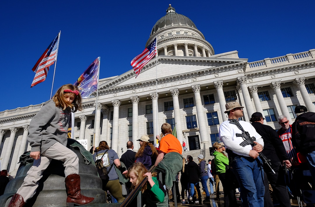 (Francisco Kjolseth  |  The Salt Lake Tribune) Hundreds of pro gun proponents gather at the Utah Capitol in Salt Lake City on Saturday, Feb. 8, 2020, in response to recent proposals from legislators, including red-flag laws, universal background checks and the elimination of private transfers.