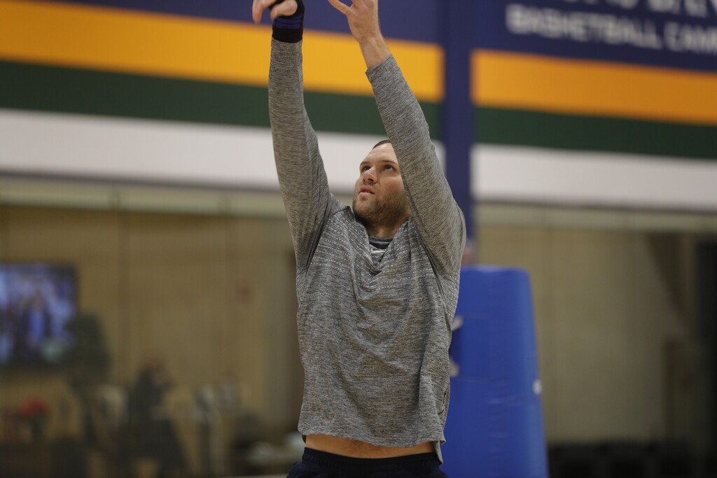 (Photo courtesy of Utah Jazz) Forward Bojan Bogdanovic gets up some shots during the Utah Jazz's training camp practice on Tuesday, Dec. 8, 2020.
