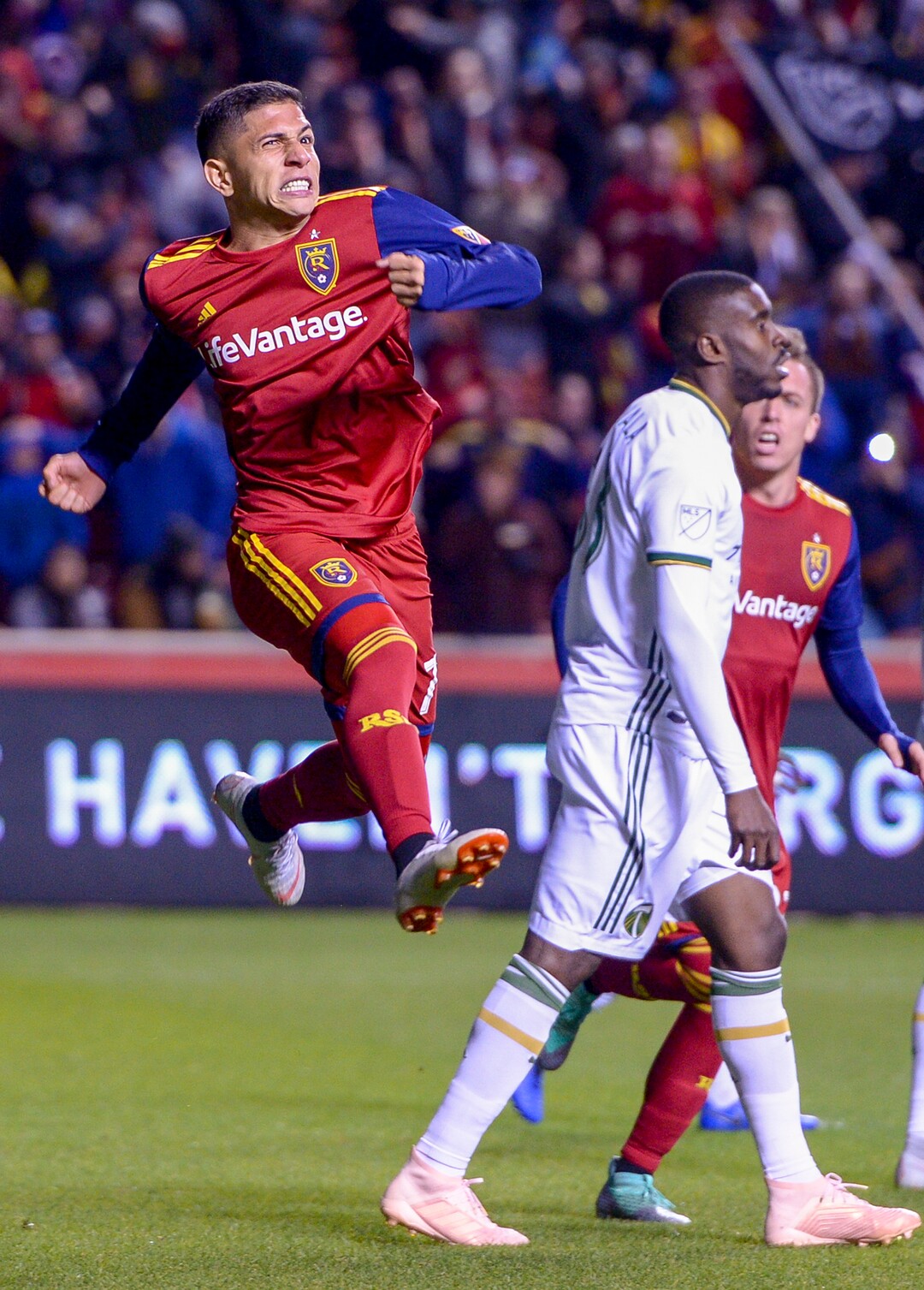 Leah Hogsten  |  The Salt Lake Tribune  Real Salt Lake forward Jefferson Savarino (7) reacts to his second half goal. Portland Timbers defeated Real Salt Lake 4-1 at Rio Tinto Stadium in Sandy, Saturday, Oct. 6, 2018.