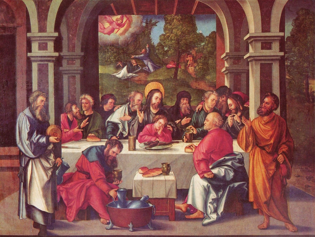 (Hans Leonhard Schäufelein) "Ultima Cena," painted in 1515, featured a halo above Jesus Christ in a depiction of the Last Supper. The biblical Jesus, of course, had no halo and apparently had no physical appearance that made him stand out.