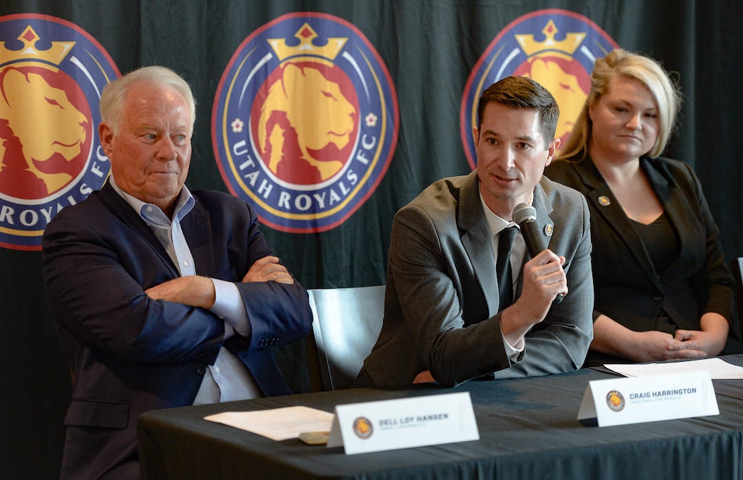 (Francisco Kjolseth  |  The Salt Lake Tribune) New Utah Royals FC head coach Craig Harrington, center, answers questions from the media alongside team owner Dell Loy Hansen, left, and General Manager Stephanie Lee during a press event at Rio Tinto Stadium in Sandy, Utah on Friday, Feb. 7, 2020.