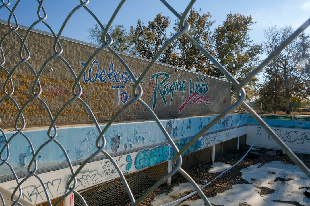 (Leah Hogsten  |  The Salt Lake Tribune) Oct. 29, 2020. In the 1980's Raging Waters water park was home to the world's third wave pool. Today the property is in such disrepair that Salt Lake City needs to disassemble it and figure out some kind of new park to replace it. Closed since 2018,vandalism and operator abandonment has left the park a liability for the city.