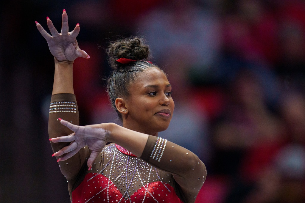 (Trent Nelson | The Salt Lake Tribune) Jaedyn Rucker on the floor as Utah hosts UCLA, NCAA gymnastics in Salt Lake City on Friday, Feb. 3, 2023.