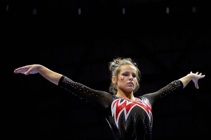 (Trent Nelson | The Salt Lake Tribune)  Missy Reinstadtler on beam as Utah hosts Washington, NCAA gymnastics in Salt Lake City, Saturday February 3, 2018.