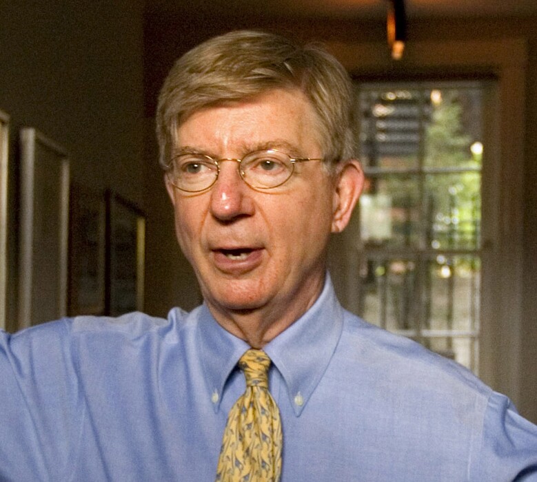 FILE - In this April 22, 2008 file photo, conservative columnist and pundit George Will appears in this office in the Georgetown section of Washington. (AP Photo/J. Scott Applewhite, File)