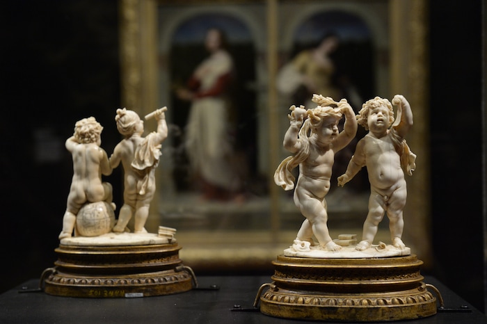 (Leah Hogsten  |  The Salt Lake Tribune) l-r ÒÔAllegory of Astronomy,Õ 1635 and ÔAllegory of Rhetoric,Õ 1636, carved ivory on gilded wood pedestals by an unidentified Flemish artist depicts cherubic infants, called putti, as two of the Seven Liberal Arts, which formed the basis of educational programs since the Middle Ages. One putto wears the laurel wreath of Apollo, the Greek god of poetry.A theatrical mask and books reinforce this association.  Another putto peers through a telescope in Allegory of Astronomy. A celestial globe, sundial and compasses complete the scene.Ó -UMFA  The Utah Museum of Fine ArtsÕ new exhibit: "Power Couples: The Pendant Format in Art," open now through December 8, 2019. ÒPower Couples explores how artists have used the pendant format across media, cultures and time periods to explore gender roles and social status; to present moments of before-and-after, cause-and-effect and departure-and-return; and to compare and contrast familiar stories and ideas.Ó -UMFA