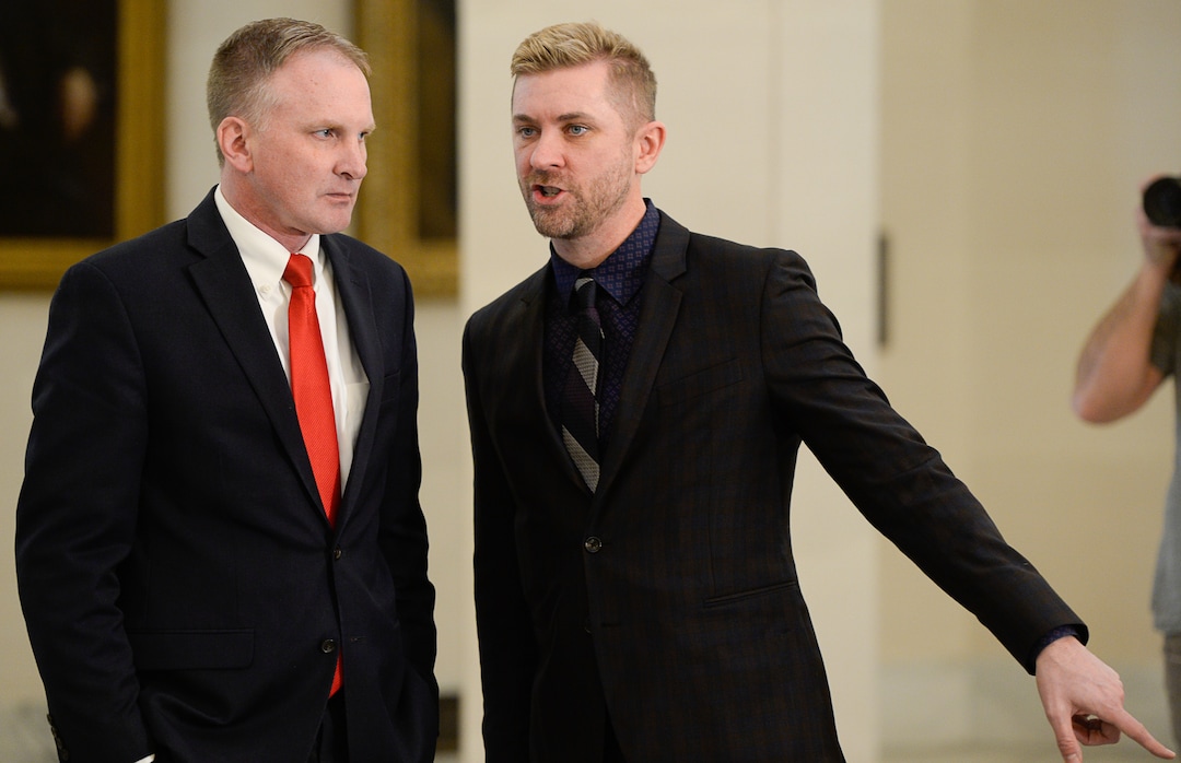 (Francisco Kjolseth  |  The Salt Lake Tribune)  Equality Utah's Troy Williams, right, speaks with Rep. Craig Hall, R-West Valley, one of the sponsors of legislation to ban conversion therapy as they gather for a press event at the Utah Capitol on Thursday, Feb. 21, 2019.
