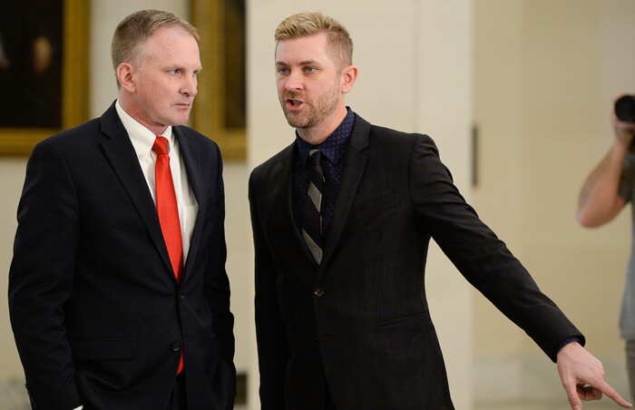 (Francisco Kjolseth  |  The Salt Lake Tribune)  Equality Utah's Troy Williams, right, speaks with Rep. Craig Hall, R-West Valley, one of the sponsors of legislation to ban conversion therapy as they gather for a press event at the Utah Capitol on Thursday, Feb. 21, 2019.