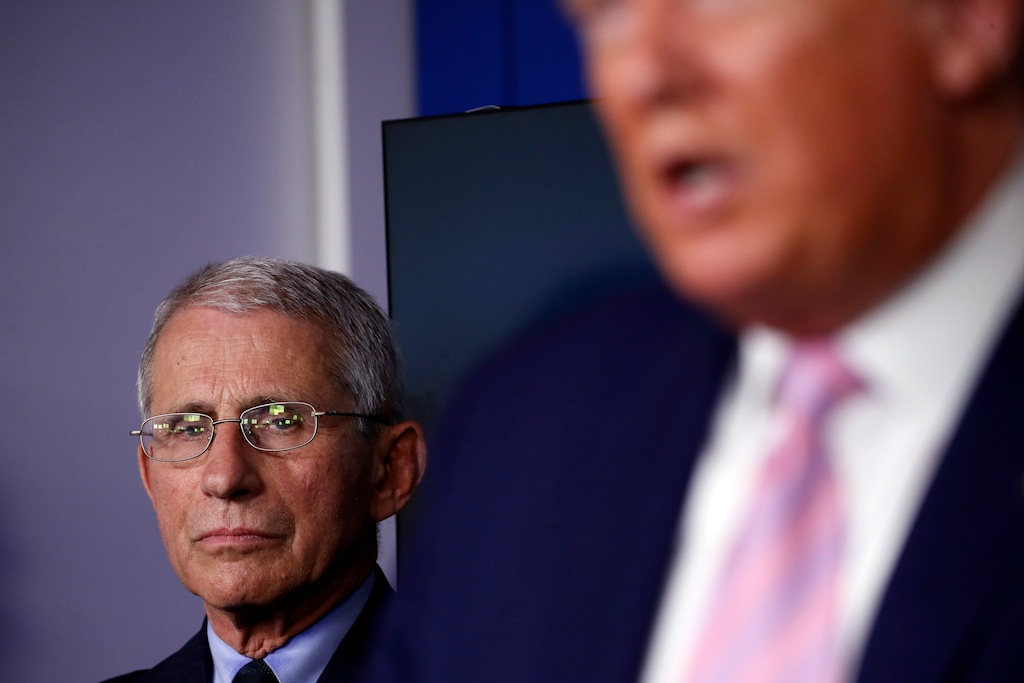 Dr. Anthony Fauci, director of the National Institute of Allergy and Infectious Diseases, listens as President Donald Trump speaks about the coronavirus in the James Brady Press Briefing Room of the White House, Wednesday, April 1, 2020, in Washington. (AP Photo/Alex Brandon)