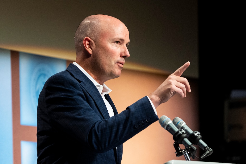 (Isaac Hale | Pool) Gov. Spencer Cox is shown during the PBS Utah Governor’s Monthly News Conference held at the Eccles Broadcast Center in Salt Lake City on Thursday, July 17, 2025.