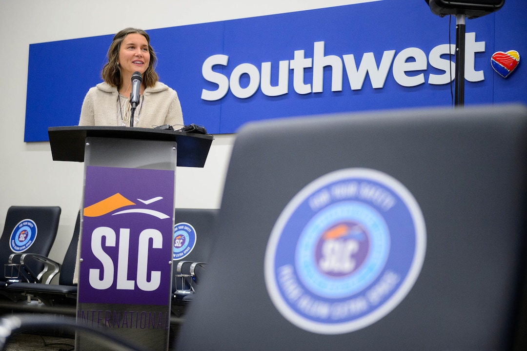 (Trent Nelson  |  The Salt Lake Tribune) Salt Lake City Mayor Erin Mendenhall speaks as the Salt Lake City International Airport celebrates the opening of concourse B, with a Southwest flight to Oakland taking off on Tuesday, Oct. 27, 2020.