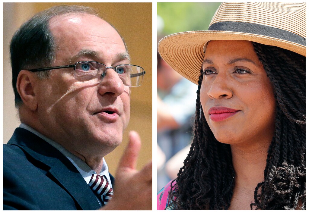 FILE - This pair of file photos shows U.S. Rep. Michael Capuano, D-Mass., left, on Feb. 1, 2018, in Cambridge, Mass., and Boston city councilor Ayanna Pressley, right, on June 30, 2018 in Boston. (AP Photos/File)