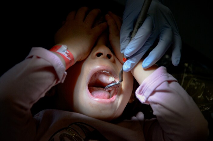 (Francisco Kjolseth  |  The Salt Lake Tribune) A young patient fills one of 60 chairs at the University of Utah dental school on Saturday, Feb. 29, 2020, as part of the American Dental AssociationÕs ÒGive Kids a SmileÓ program, that gives no-cost care to thousands of kids nationwide.