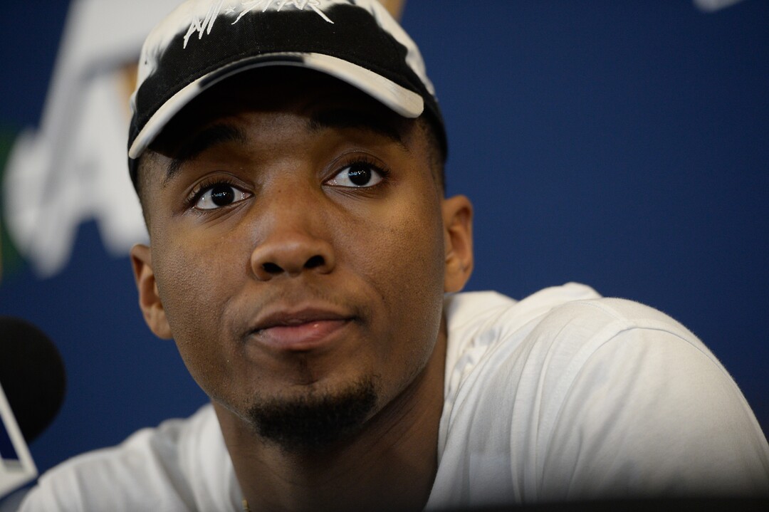 (Francisco Kjolseth  |  The Salt Lake Tribune)  Utah Jazz      guard Donovan Mitchell speaks with the media during exit interviews at their practice facility in Salt Lake City Wed., May 8, 2018, after losing to the Houston Rockets in game 5 of their Western Conference Semifinals during the 2018 NBA Playoffs.