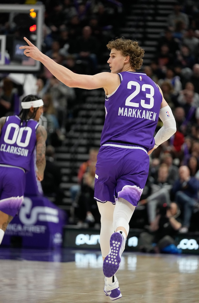 (Francisco Kjolseth  |  The Salt Lake Tribune) Utah Jazz forward Lauri Markkanen (23) celebrates a three pointer during an NBA basketball game against the Dallas Mavericks Monday, March 25, 2024, in Salt Lake City.