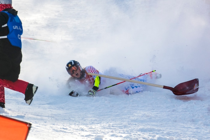 (Chris Detrick  |  The Salt Lake Tribune)  USA's Patricia Mangan crashes while competing in the Ladies' Giant Slalom at Yongpyong Alpine Centre during the Pyeongchang 2018 Winter Olympics Thursday, Feb. 15, 2018.  