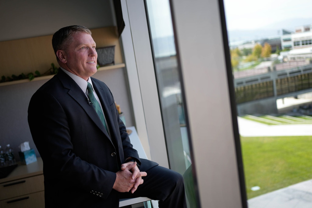 (Francisco Kjolseth | The Salt Lake Tribune) Utah Valley University President Jon Anderson sits for a portrait on Wednesday, Sept. 2, 2026.