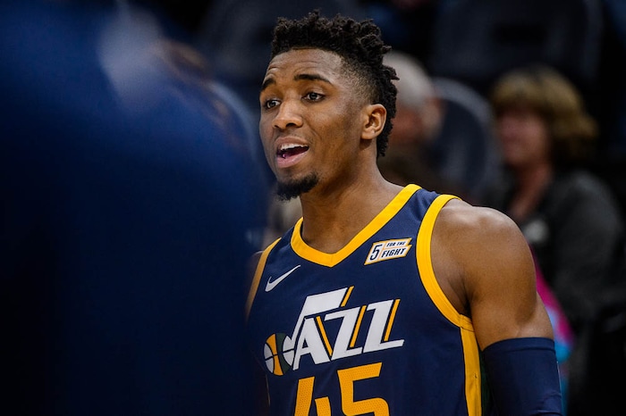 (Trent Nelson | The Salt Lake Tribune)  
Utah Jazz vs. Boston Celtics, NBA basketball in Salt Lake City, Wednesday March 28, 2018. Utah Jazz guard Donovan Mitchell (45).