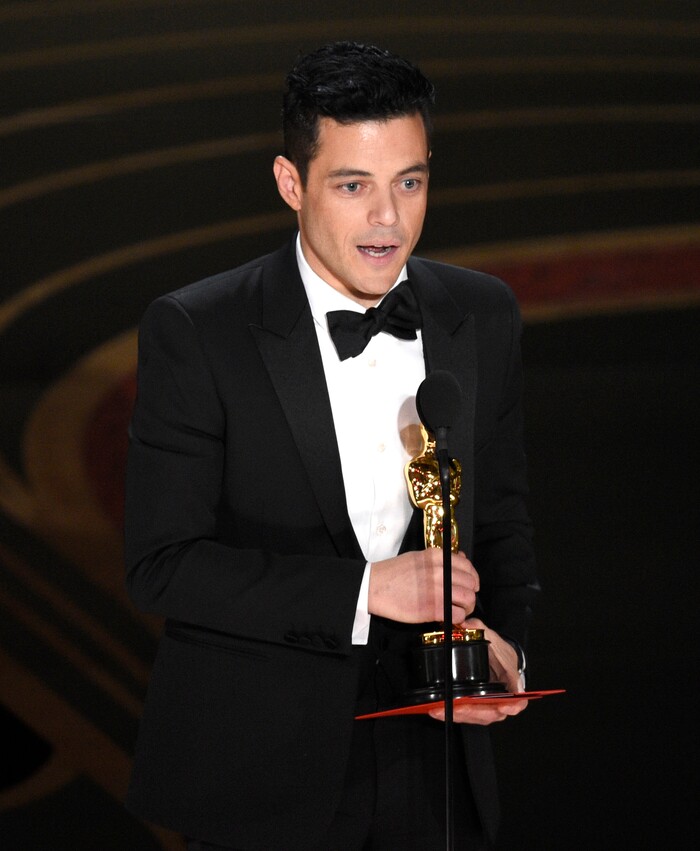 Rami Malek accepts the award for best performance by an actor in a leading role for "Bohemian Rhapsody" at the Oscars on Sunday, Feb. 24, 2019, at the Dolby Theatre in Los Angeles. (Photo by Chris Pizzello/Invision/AP)