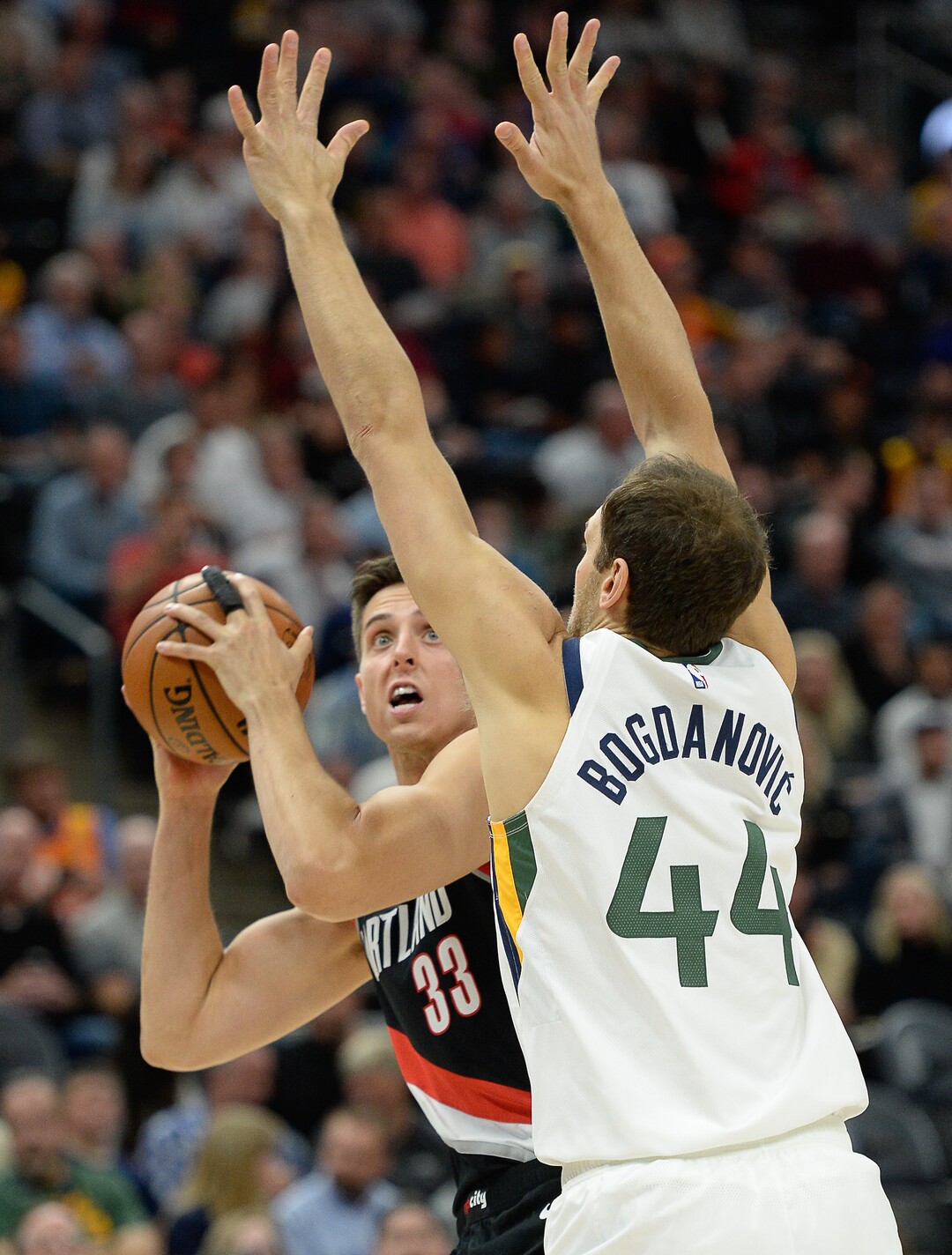(Francisco Kjolseth  |  The Salt Lake Tribune)  Portland Trail Blazers forward Zach Collins (33) goes up against Portland Trail Blazers forward Mario Hezonja (44) as the Utah Jazz host the Portland Trailblazers in their NBA basketball game at Vivint Smart Home Arena in Salt Lake City on Wed. Oct. 16, 2019.