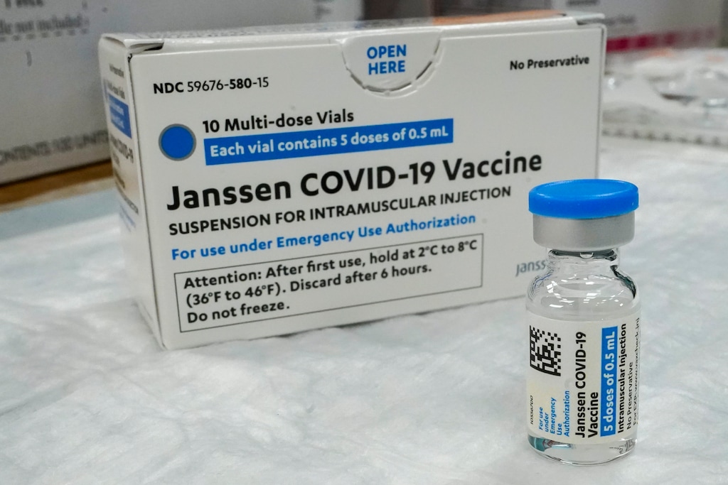 (Mary Altaffer | AP) The Johnson & Johnson COVID-19 vaccine sits on a table in the Staten Island borough of New York, Thursday, April 8, 2021.  The vaccine is produced by Janssen Pharmaceutical Companies, a subsidiary of Johnson & Johnson. University of Utah Health recently treated a man for blood clots he may have developed as a reaction to his immunization with the Johnson & Johnson vaccine, the health system announced Wednesday, May 5, 2021.