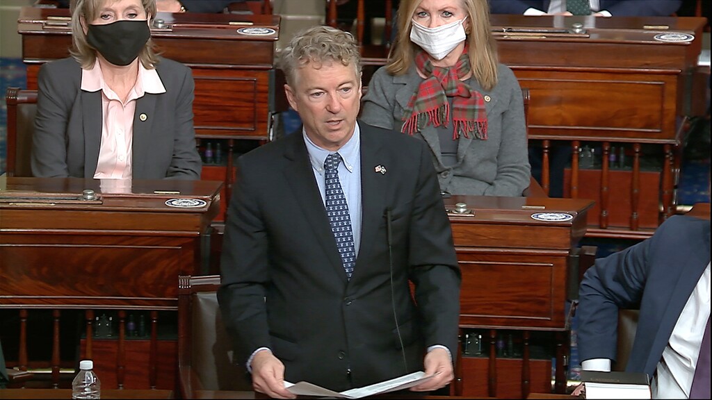 In this image from video, Sen. Rand Paul, R-Ky., makes a motion that the impeachment trial against former President Donald Trump is unconstitutional in the Senate at the U.S. Capitol in Washington, Tuesday, Jan. 26, 2021. (Senate Television via AP)