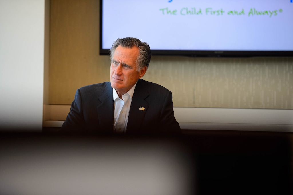 (Trent Nelson | The Salt Lake Tribune)
U.S. Senator Mitt Romney, R-Utah, on Thursday hosted a roundtable discussion at Intermountain Primary Children's Hospital with local officials and health experts to receive an update on anti-vaping efforts in Utah, discuss legislative efforts, and solicit recommendations for further potential action at the federal level, in Salt Lake City, Oct. 10, 2019. He later spoke with reporters where he talked about impeachment and soliciting foreign help to investigate a political opponent.