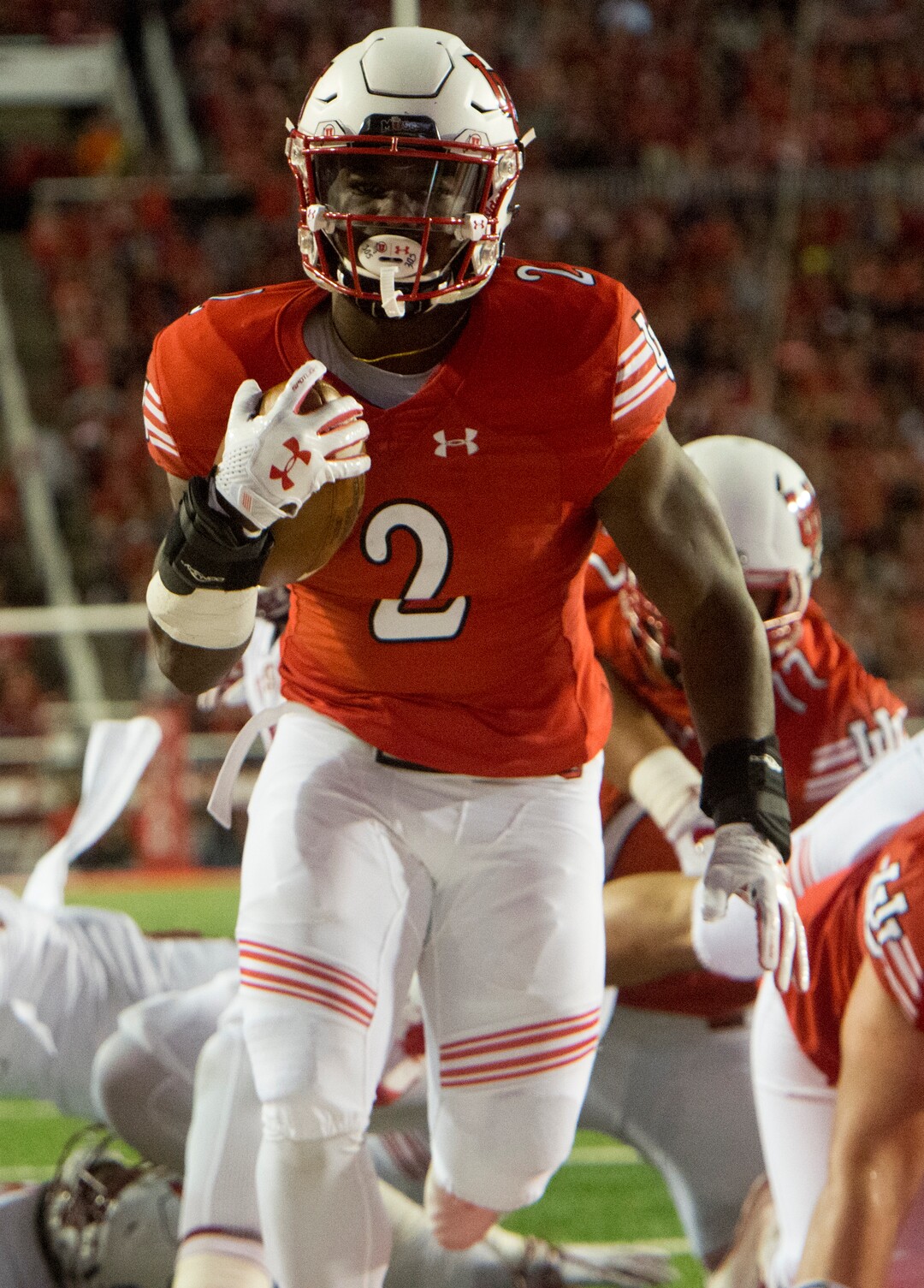 (Rick Egan  |  The Salt Lake Tribune)Utah running back Zack Moss (2) scores the first touchdown for the Utes  in PAC-12 football action, Utah Utes vs. Stanford Cardinals, at Rice-Eccles Stadium, Saturday, October 7, 2017.