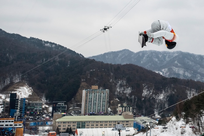 (Chris Detrick  |  The Salt Lake Tribune)  Shaun White competes during the men's halfpipe finals at Phoenix Snow Park during the Pyeongchang 2018 Winter Olympics Wednesday, Feb. 14, 2018.  White won the event with a 97.75, his third Olympic gold medal in the halfpipe (2006, 2010, 2018).
