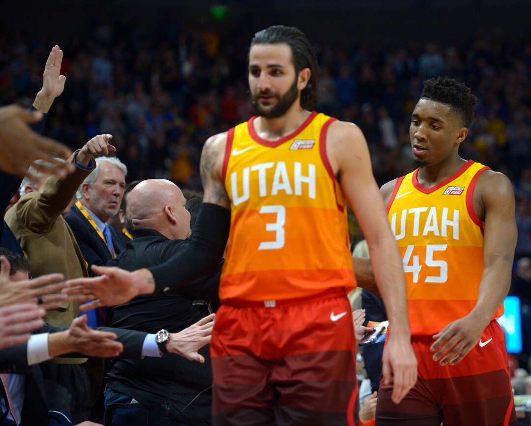 (Steve Griffin  |  The Salt Lake Tribune) Utah Jazz guard Ricky Rubio (3) and Utah Jazz guard Donovan Mitchell (45) celebrate a victory over the NBA Champion Golden State Warrior at Vivint Smart Home Arena in Salt Lake City Tuesday January 30, 2018.