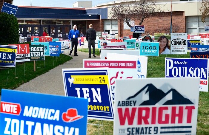 (Scott Sommerdorf | The Salt Lake Tribune)
Brighton High was peppered with campaign signs at the Salt Lake County Democratic Convention where delegates pick their favorites for county/legislative races, Saturday, April 14, 2018.