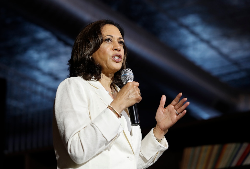 (John Locher | AP file photo) Democratic presidential candidate Sen. Kamala Harris, D-Calif., speaks at a campaign event on healthcare in Burlington, Iowa, on Aug. 12, 2019.