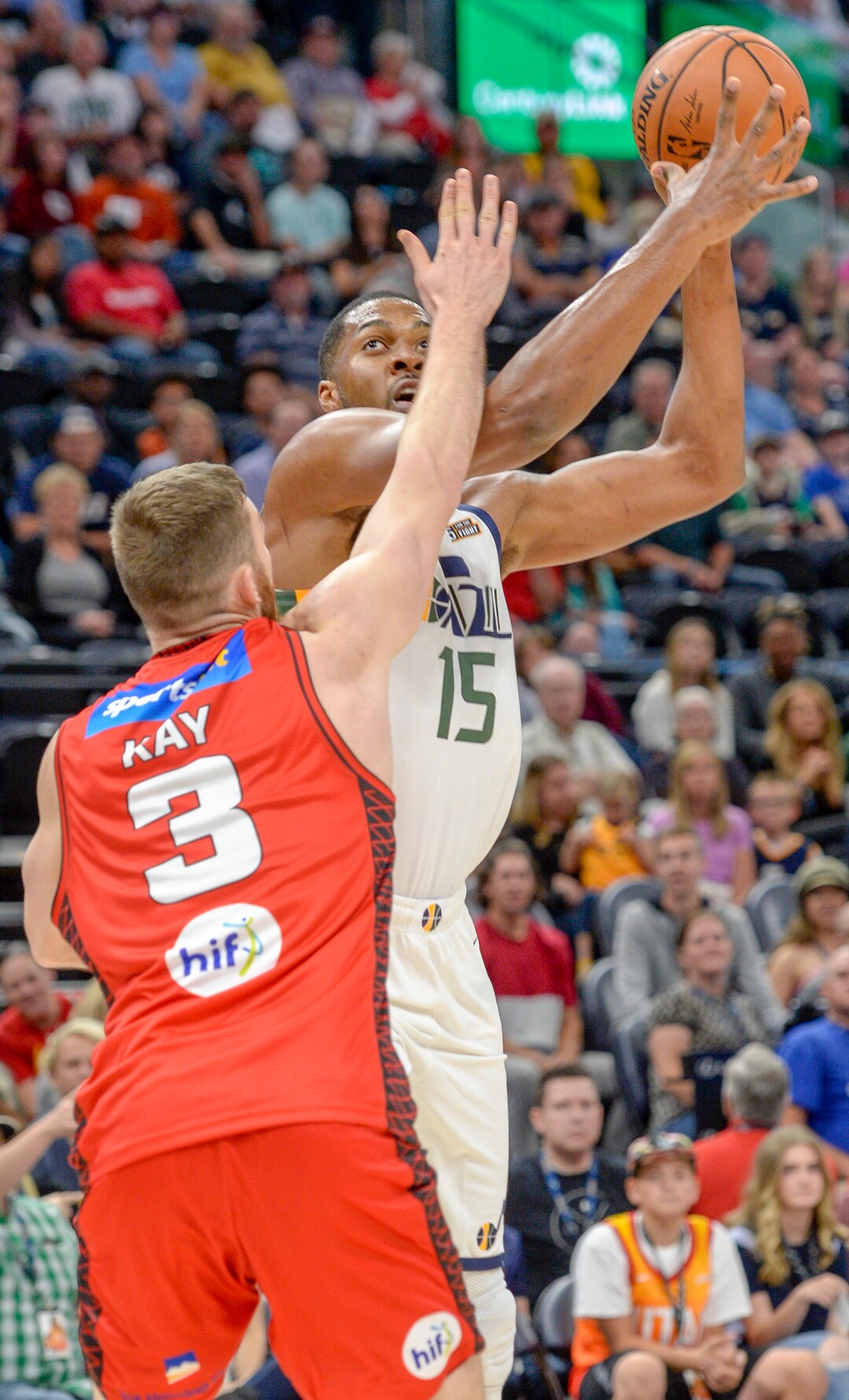 Leah Hogsten  |  The Salt Lake Tribune   Utah Jazz forward Derrick Favors (15) shoots around Perth Wildcats forward Nick Kay (3) in the first half as the Utah Jazz host the Perth Wildcats during their preseason game, Sept. 29, 2018 at Vivint Smart Home Arena.
