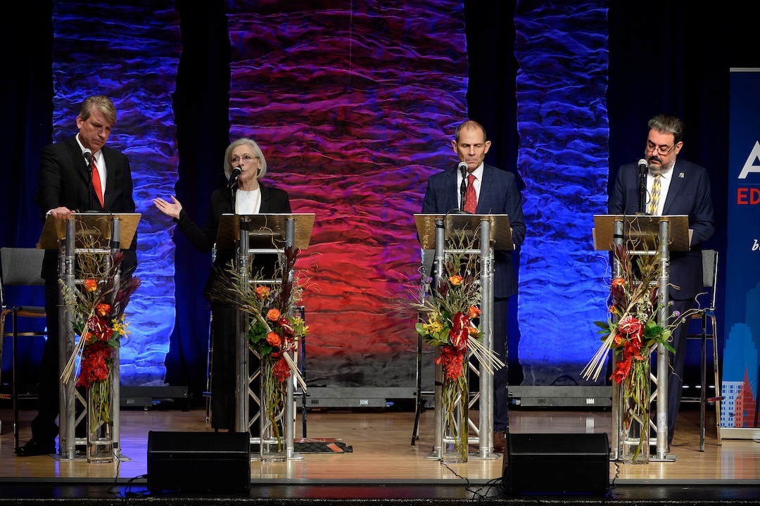 (Scott Sommerdorf   |  The Salt Lake Tribune)   Candidates in Utah's 3rd District Congressional debate answer questions at Eastmont Middle School in Sandy, Utah, Friday, October 13, 2017. From left: Jim Bennett, Dr, Kathie Allen, John Curtis, and Joe Buchman.
