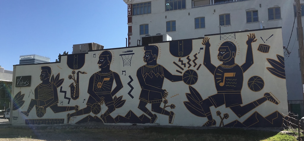 (Sean P. Means  |  The Salt Lake Tribune) Karabo Poppy's Utah Jazz mural is on the side of Valter's Osteria, 173 W. 300 South, Salt Lake City. The restaurant is one of three that the NBA has approved for visiting teams to dine at safely this season.