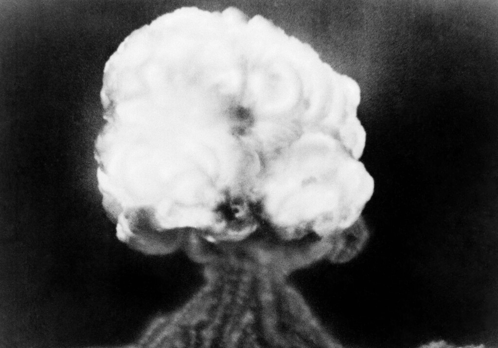 This July 16, 1945, AP file photo, shows the mushroom cloud of the first atomic explosion at Trinity Test Site near Alamagordo, N.M.