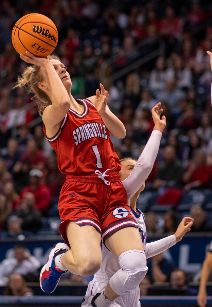 (Rick Egan | The Salt Lake Tribune) Springville Red Devils guard, Ellie Esplin (1) shoots, in the girls 5A State playoff game between the Springville Red Devils and the Lehi Pioneers, at the Marriott Center in Provo, on Saturday, March 5, 2022. 
