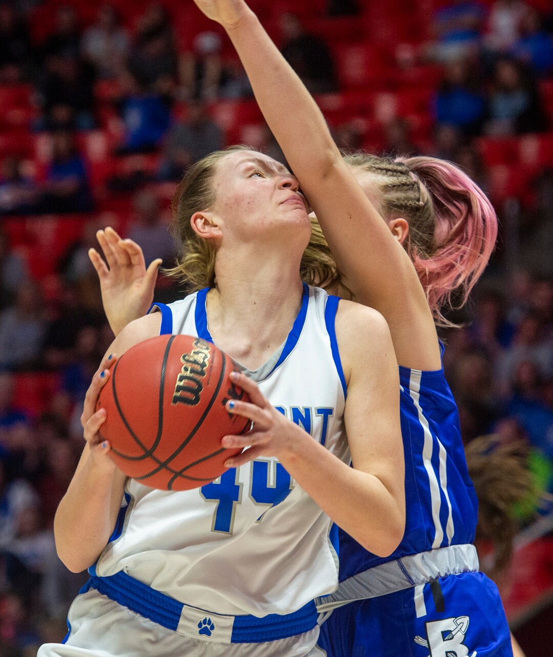 (Rick Egan  |  The Salt Lake Tribune)     Fremont Sliverwolves Margaret Mendelson (44)goes for the basket, as Bingham Miners Jycee  Lichtie (35) defends, in the 6A championship game, between the Fremont Sliverwolves and the Bingham Miners, at the Jon M. Huntsman Center, Saturday Feb. 29, 2020