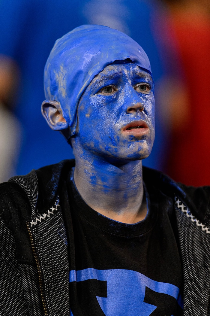 (Trent Nelson | The Salt Lake Tribune) A BYU fan looks on in the final minutes as BYU hosts Utah, NCAA football in Provo, Saturday September 9, 2017.