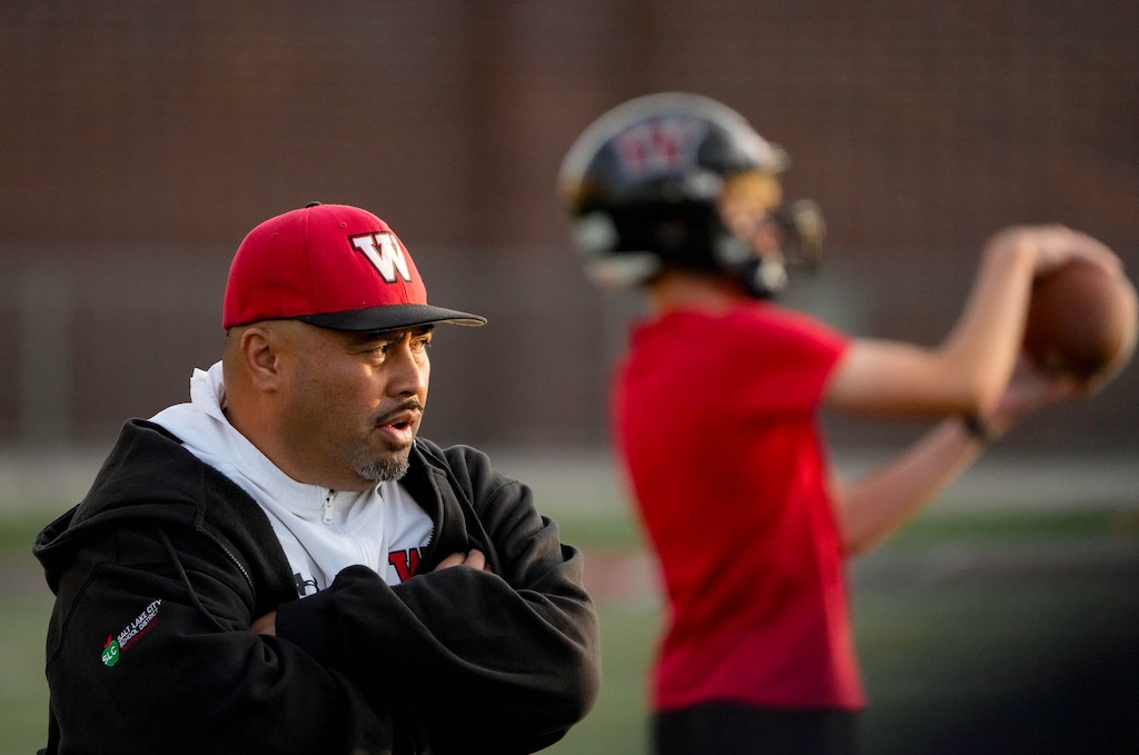 (Francisco Kjolseth | The Salt Lake Tribune) West High football coach Olosaa “Junior” Solovi, prepares his team for an upcoming semifinal game on Monday, Nov. 10, 2025.