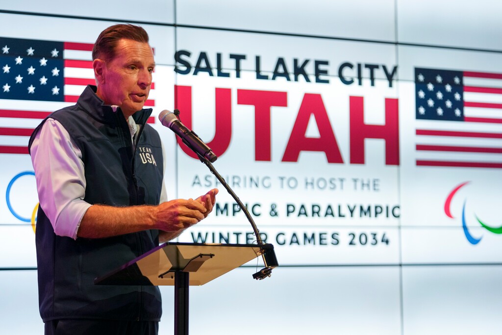 (Bethany Baker | The Salt Lake Tribune) Fraser Bullock, the President & CEO of the Salt Lake City-Utah Committee for the Games, speaks during a press event where the Salt Lake City-Utah Committee for the Games announced its delegation team in Salt Lake City on Tuesday, July 9, 2024.