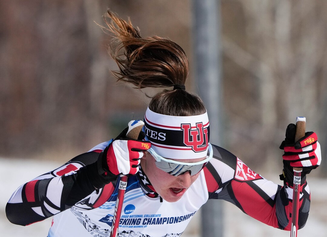 (Francisco Kjolseth | The Salt Lake Tribune) Sydney Palmer-Leger of the University of Utah competes during the women’s 5K classic in the NCAA Skiing Championships held at the Soldier Hollow Nordic Center on Thursday, March 10, 2022 in Midway, Utah.
