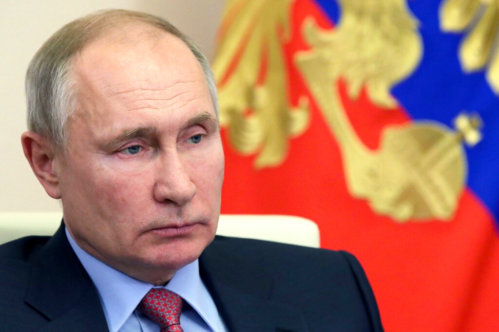 Russian President Vladimir Putin attends a meeting on economic issues via video conference at the Novo-Ogaryovo residence outside Moscow, Russia, Thursday, Jan. 21, 2021. (Mikhail Klimentyev, Sputnik, Kremlin Pool Photo via AP)