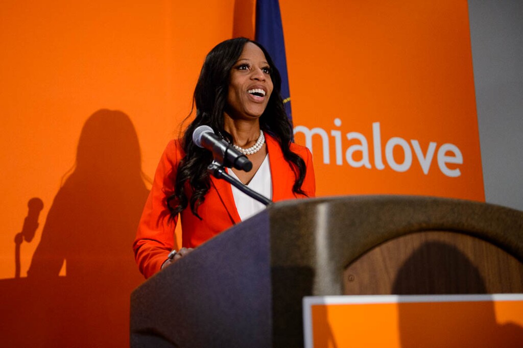 (Trent Nelson | The Salt Lake Tribune)  Mia Love makes a statement at her election night party at the Hilton Garden Inn in Lehi on Wednesday Nov. 7, 2018.